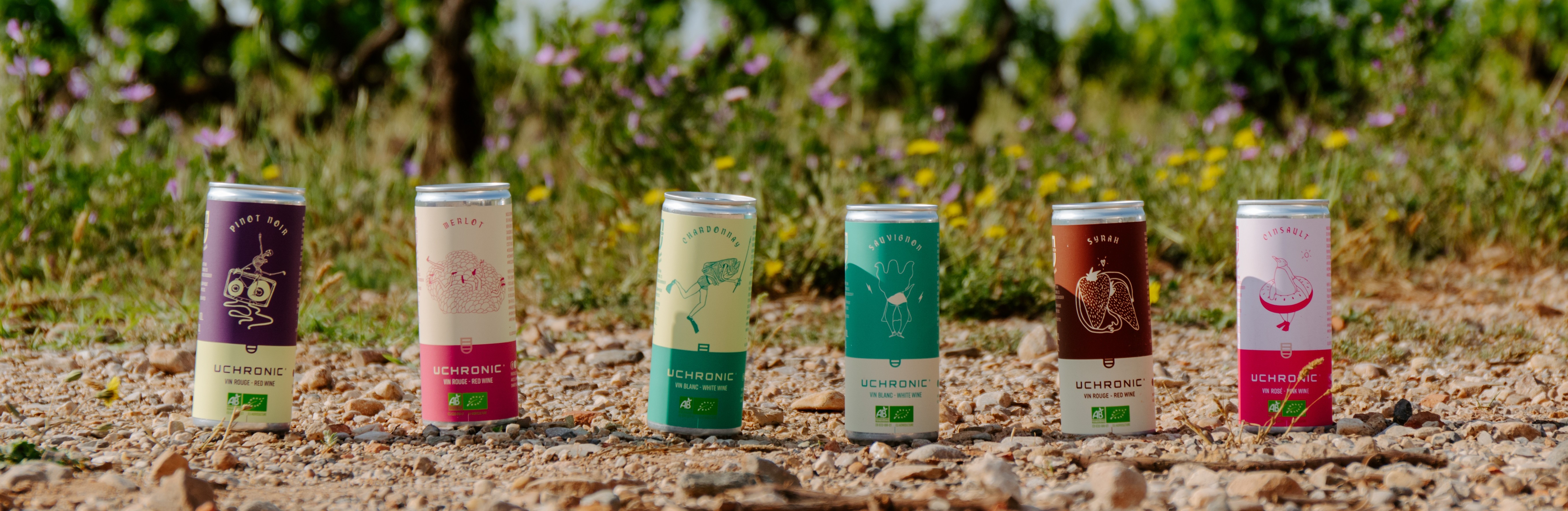 Canettes de vins Uchronic dans les vignes